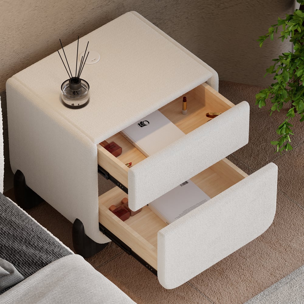 Curva 2-Drawer Smart Boucle Nightstand with Walnut Wood Legs window image