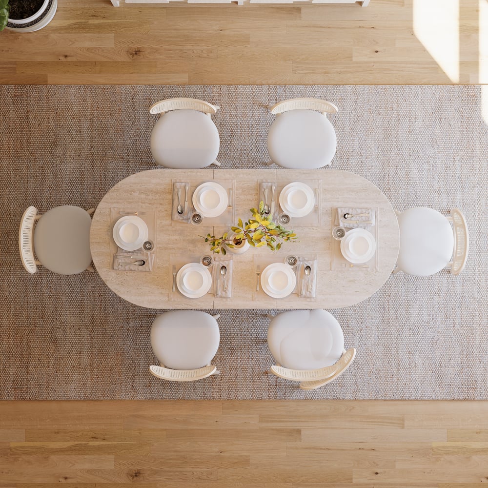 Mesa de jantar oval extensível com tampo de pedra sinterizada de 79 “a 95" Assentos de travertino fosco 6-10 Imagem da janela