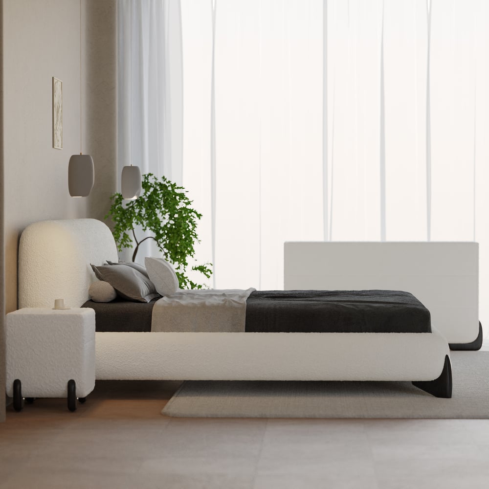 Curva Boucle King Upholstered Platform Bed with Walnut Legs window image