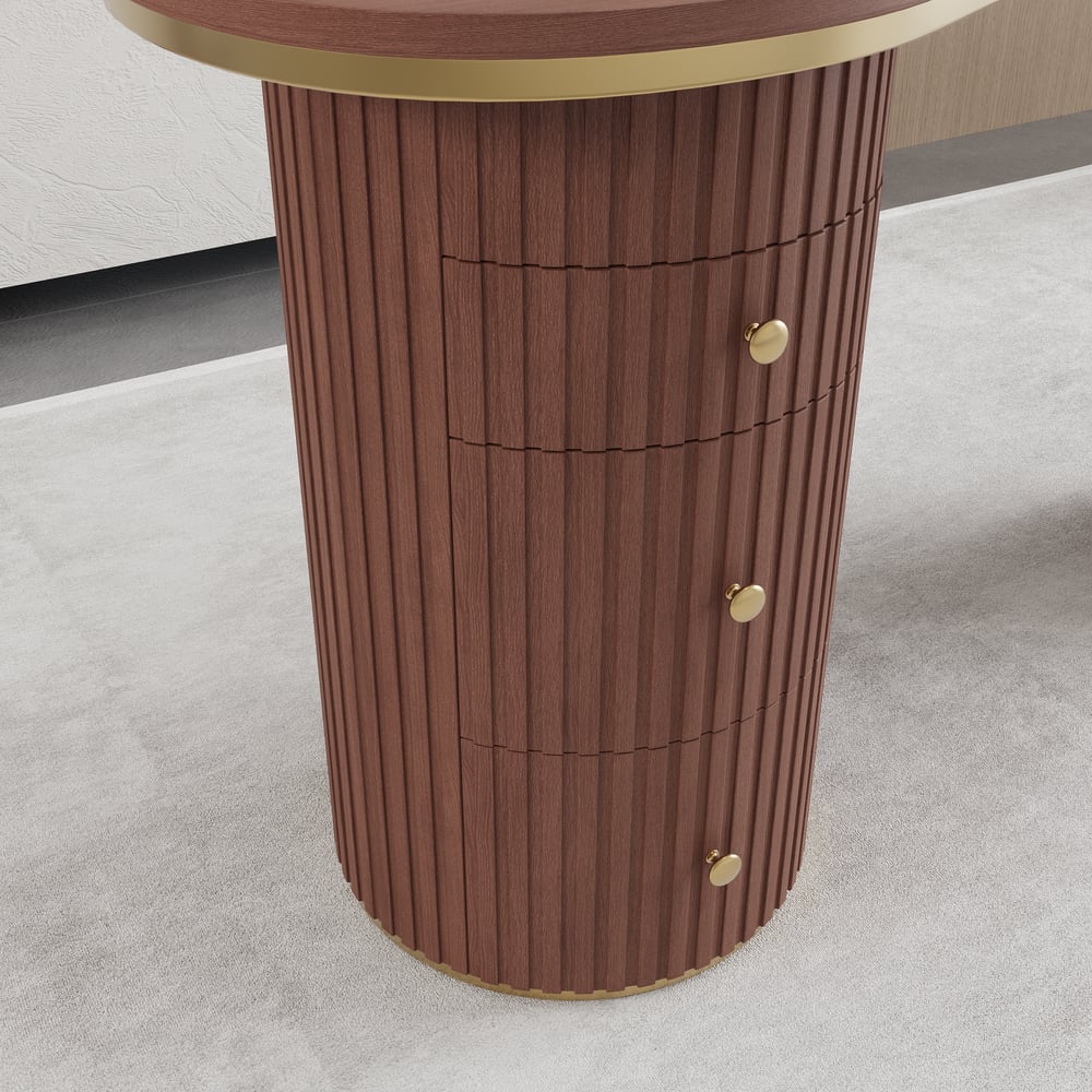 Bureau incurvé moderne en noyer de 1400 mm, 3 tiroirs, bureau à domicile en bois, double piédestal image de fenêtre