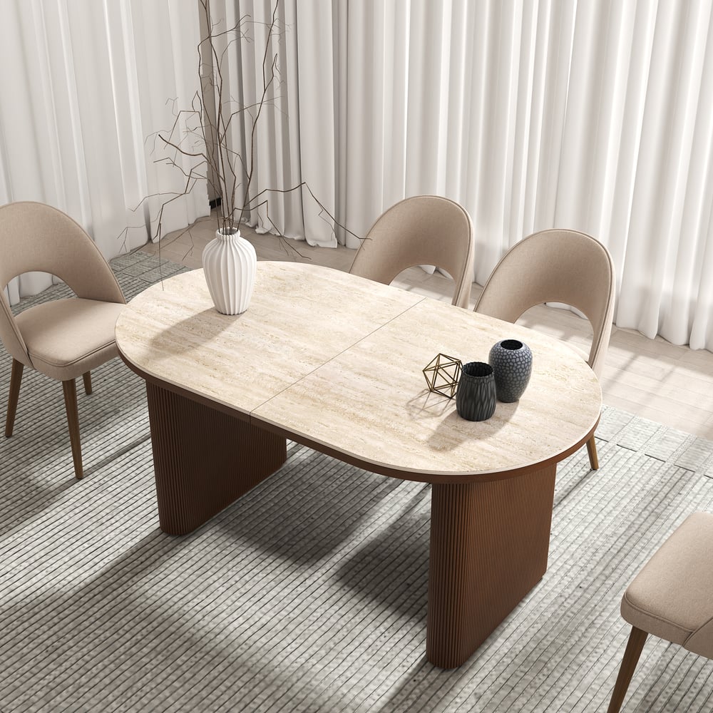 Mesa de jantar oval extensível com tampo de pedra sinterizada de 79 “a 95" Assentos de travertino fosco 6-10 Imagem da janela