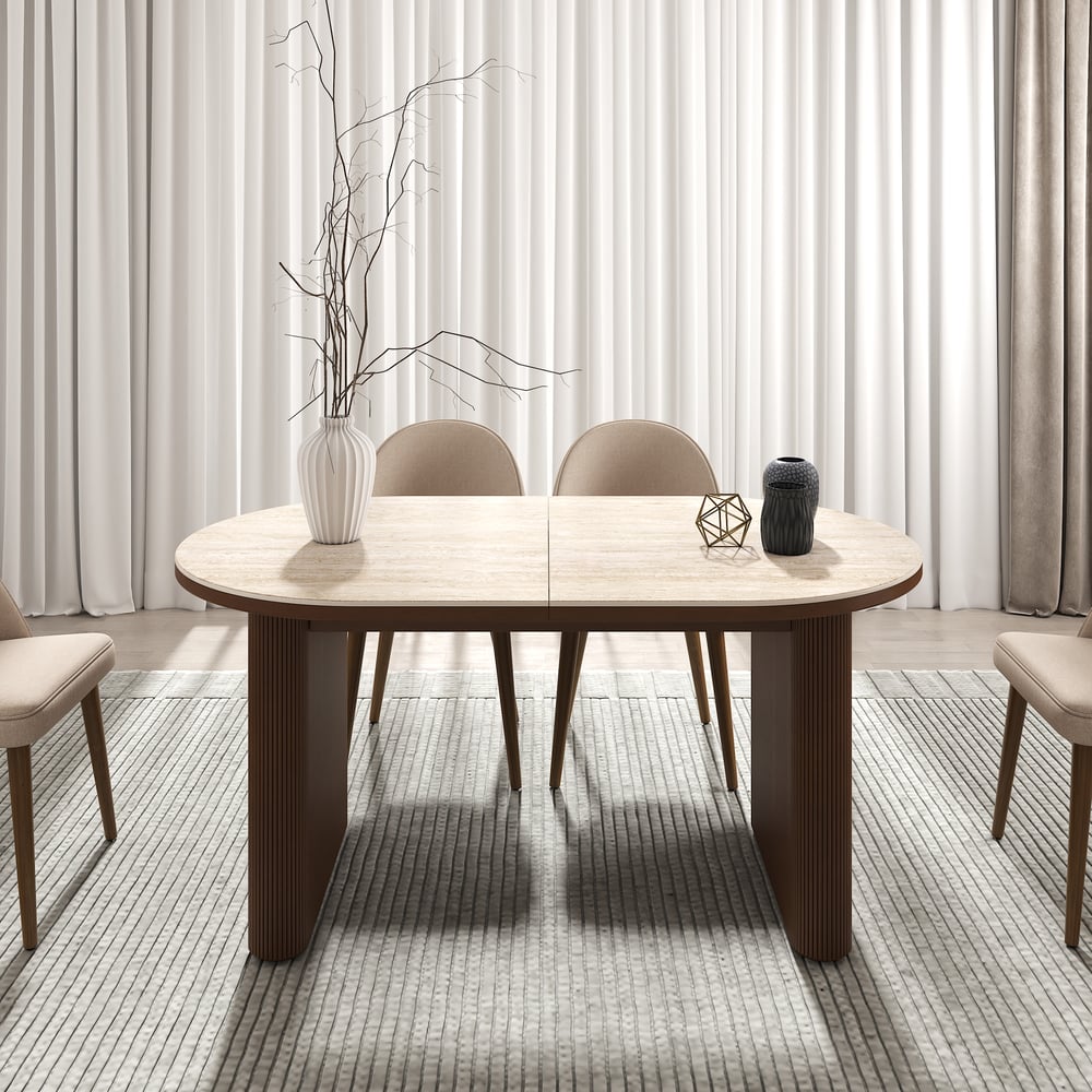 Mesa de jantar oval extensível com tampo de pedra sinterizada de 79 “a 95" Assentos de travertino fosco 6-10 Imagem da janela