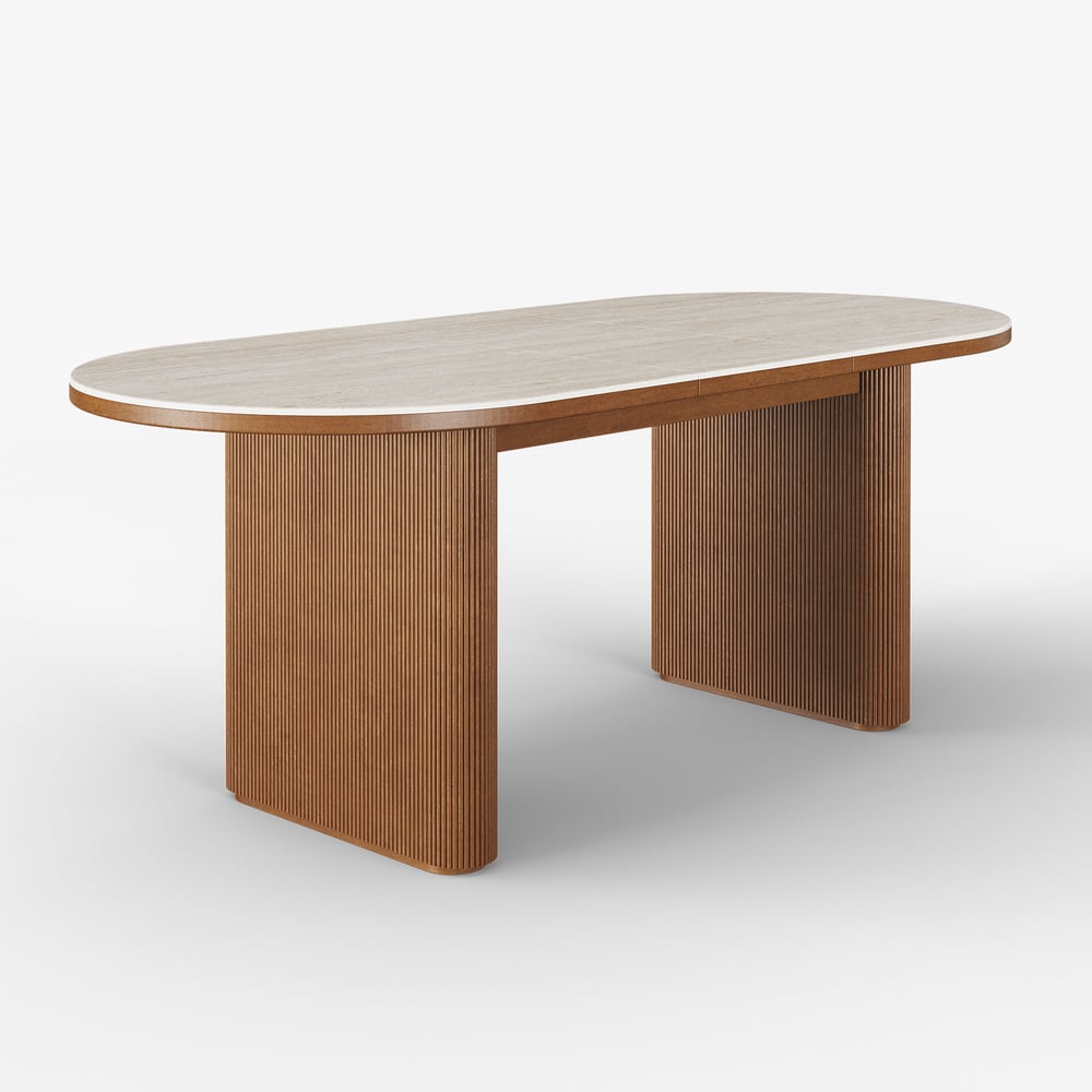 Mesa de jantar oval extensível com tampo de pedra sinterizada de 79 “a 95" Assentos de travertino fosco 6-10 Imagem da janela