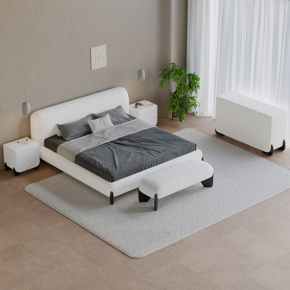 Curva Boucle King Upholstered Platform Bed with Walnut Legs window image