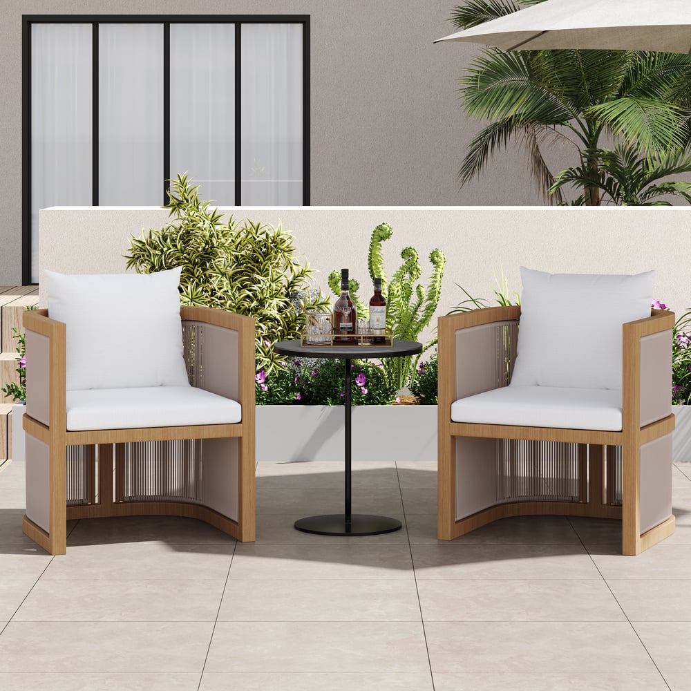 2 Pieces Modern Aluminum & Ropes Outdoor Patio Dining Chair Set in Walnut & Oatmeal window image