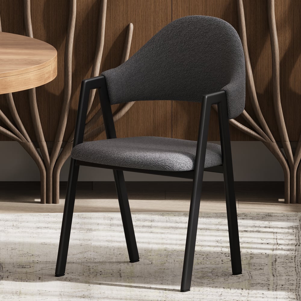 White Boucle Upholstered Dining Chairs Curved Grey Chair Set of 2 window image