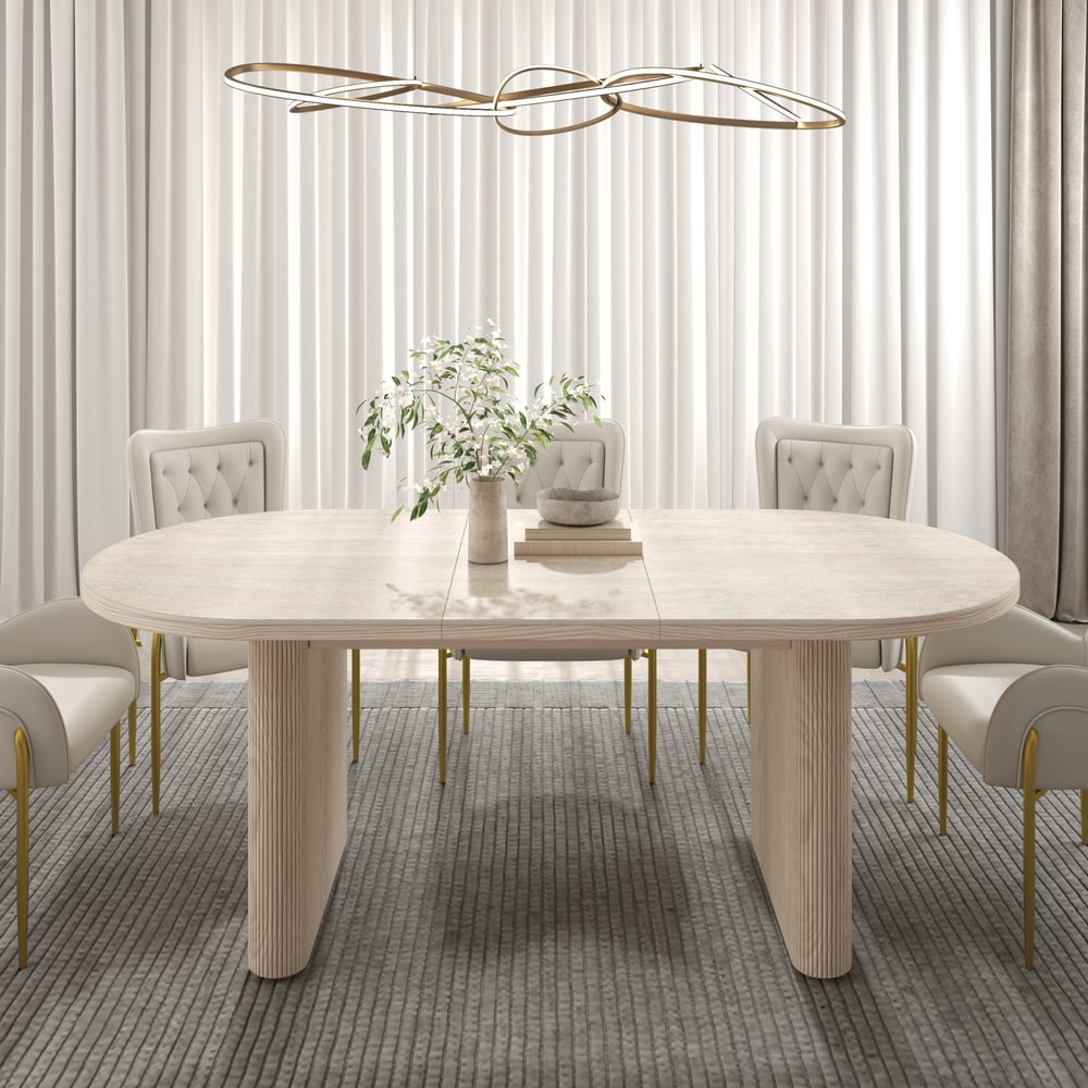 79''-95'' Oval Extendable Sintered Stone Top Dining Table Matte Travertine Seats 6-10 window image