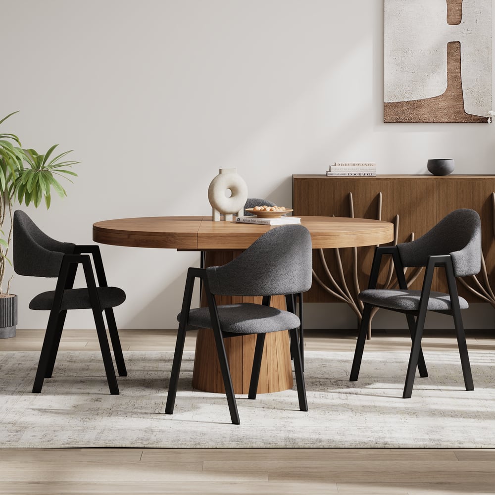 White Boucle Upholstered Dining Chairs Curved Grey Chair Set of 2 window image