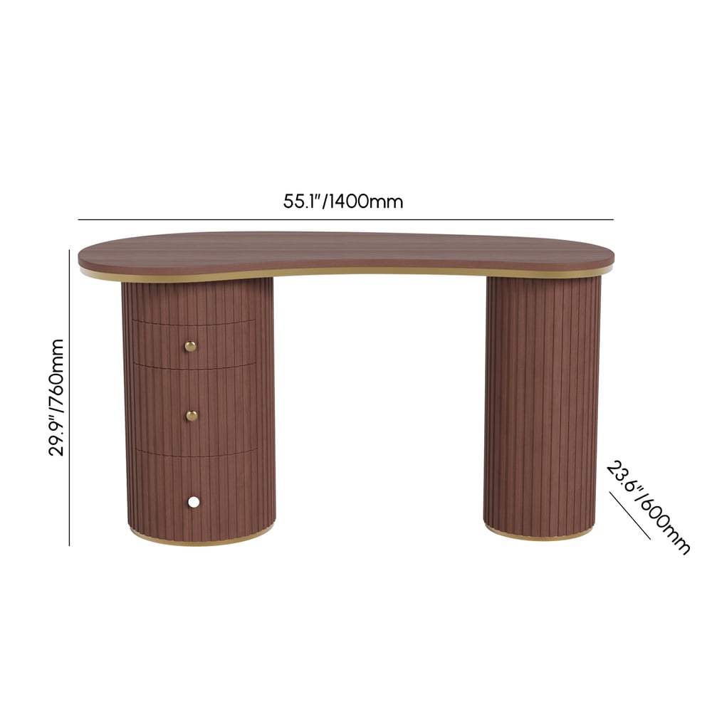 Bureau incurvé moderne en noyer de 1400 mm, 3 tiroirs, bureau à domicile en bois, double piédestal Poids, dimensions, image