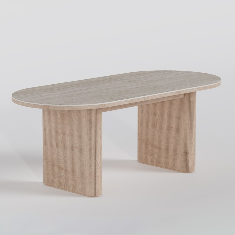 Mesa de jantar oval extensível com tampo de pedra sinterizada de 79 “a 95" Assentos de travertino fosco 6-10 Imagem da janela