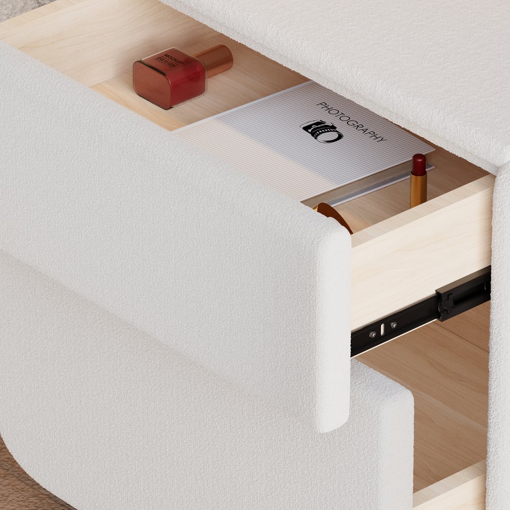 Curva 2-Drawer Smart Boucle Nightstand with Walnut Wood Legs window image