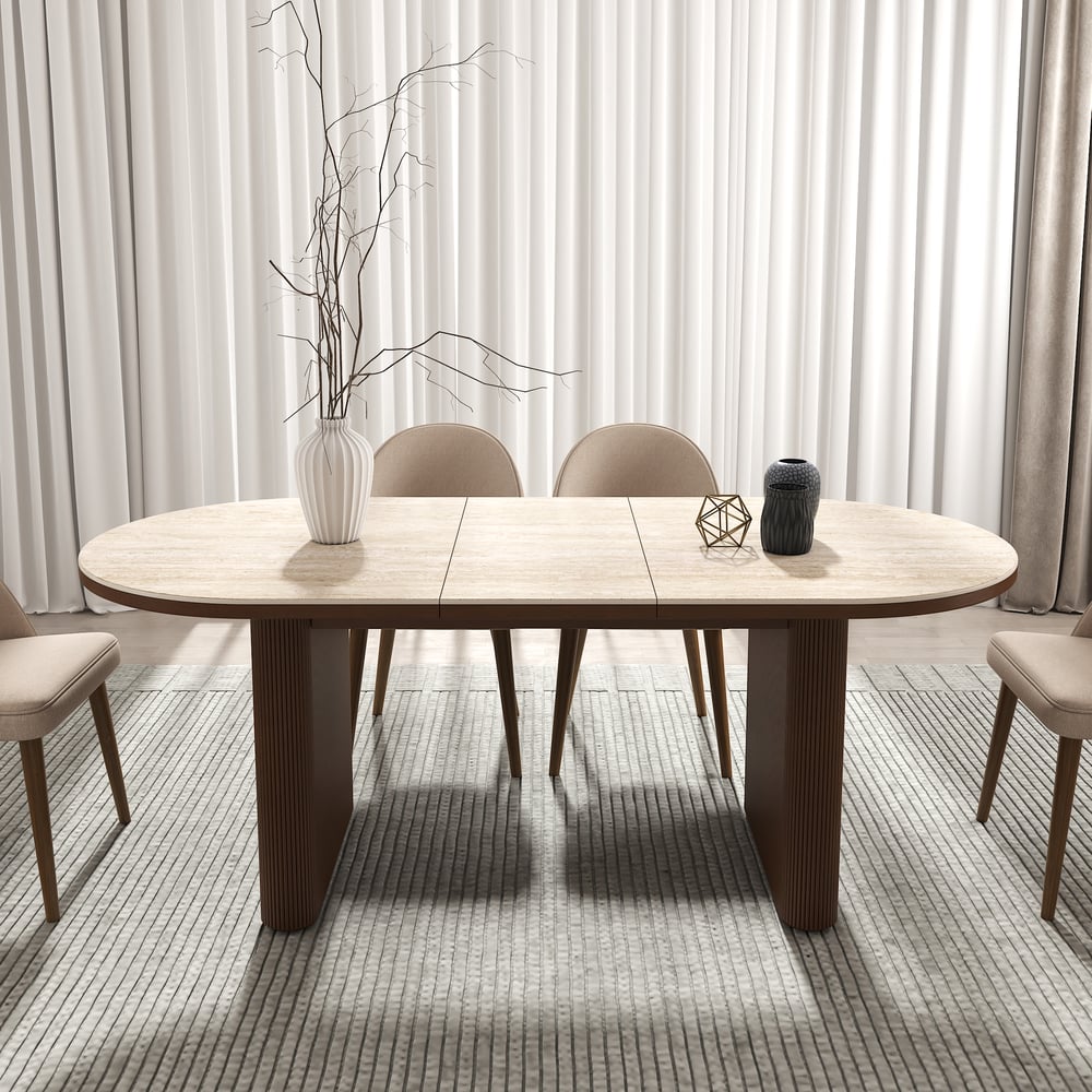 Mesa de jantar oval extensível com tampo de pedra sinterizada de 79 “a 95" Assentos de travertino fosco 6-10 Imagem da janela