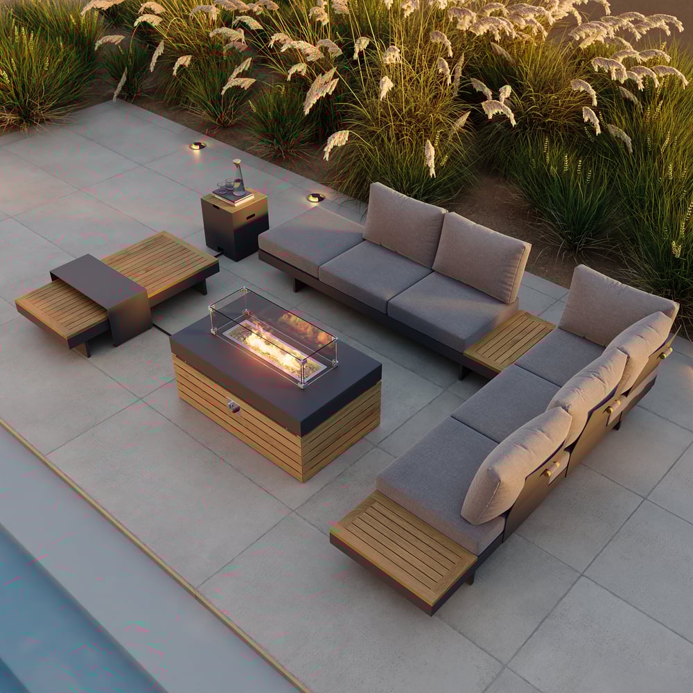 Tavolo per braciere a gas propano con parabrezza in vetro per patio, terrazza o giardino Immagine della finestra