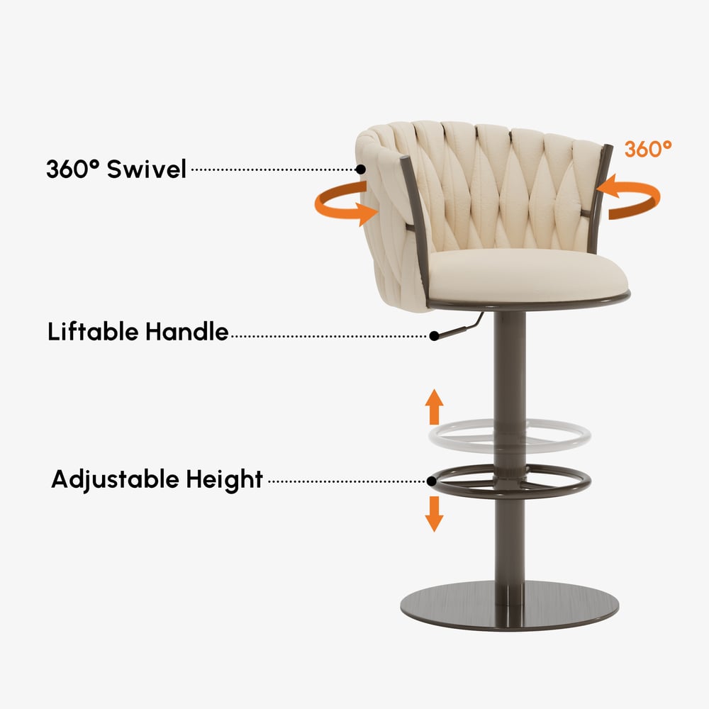 Set of 2 Modern Adjustable Swivel Bar Stools or Counter Stools with Upholstery White window image