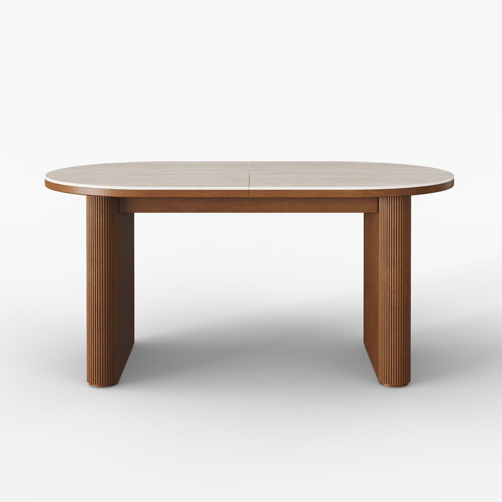 Mesa de jantar oval extensível com tampo de pedra sinterizada de 79 “a 95" Assentos de travertino fosco 6-10 Imagem da janela