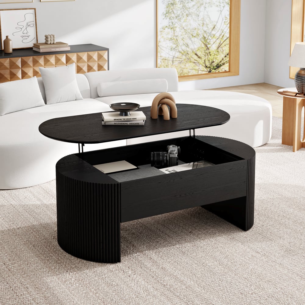 Table basse ovale noire moderne du milieu du siècle avec plateau relevable de 1200 mm image de fenêtre