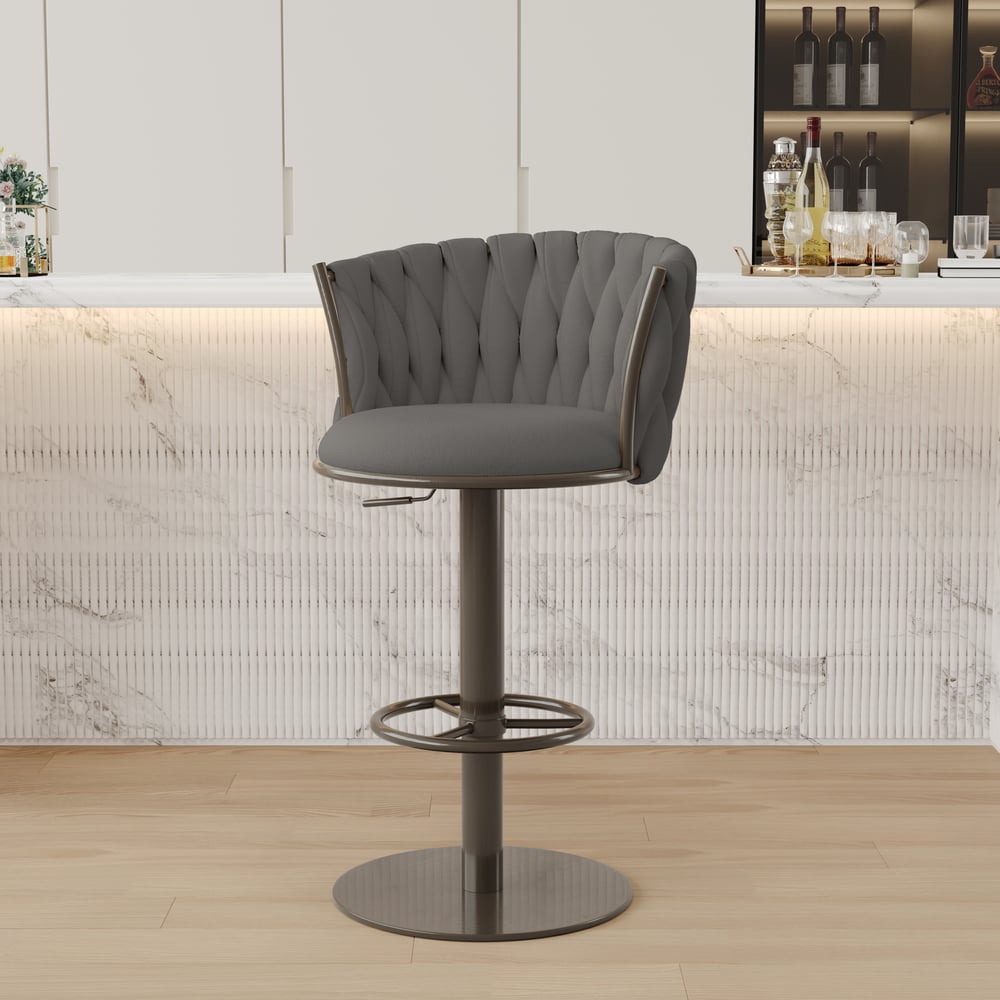 Sweave Set of 2 Grey Swivel Bar Stools Velvet Curved Back Adjustable Height window image