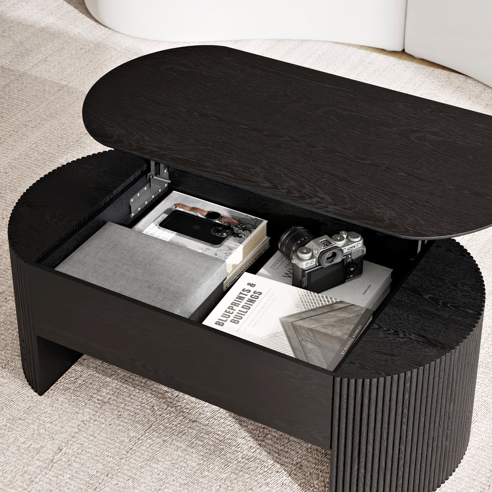 Table basse ovale noire moderne du milieu du siècle avec plateau relevable de 1200 mm image de fenêtre