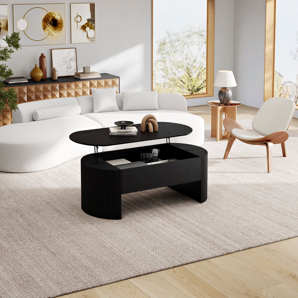Table basse ovale noire moderne du milieu du siècle avec plateau relevable de 1200 mm image de fenêtre