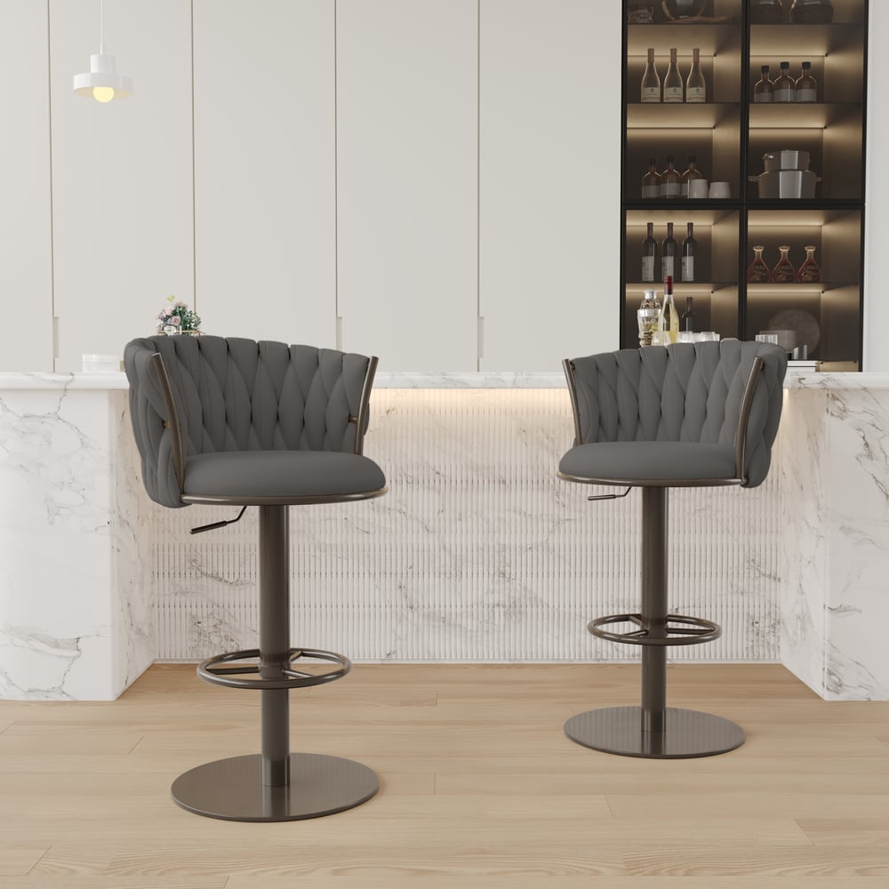 Sweave Set of 2 Grey Swivel Bar Stools Velvet Curved Back Adjustable Height window image