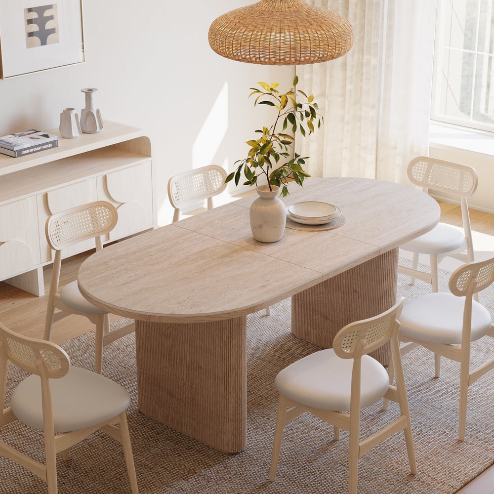 Mesa de jantar oval extensível com tampo de pedra sinterizada de 79 “a 95" Assentos de travertino fosco 6-10 Imagem da janela