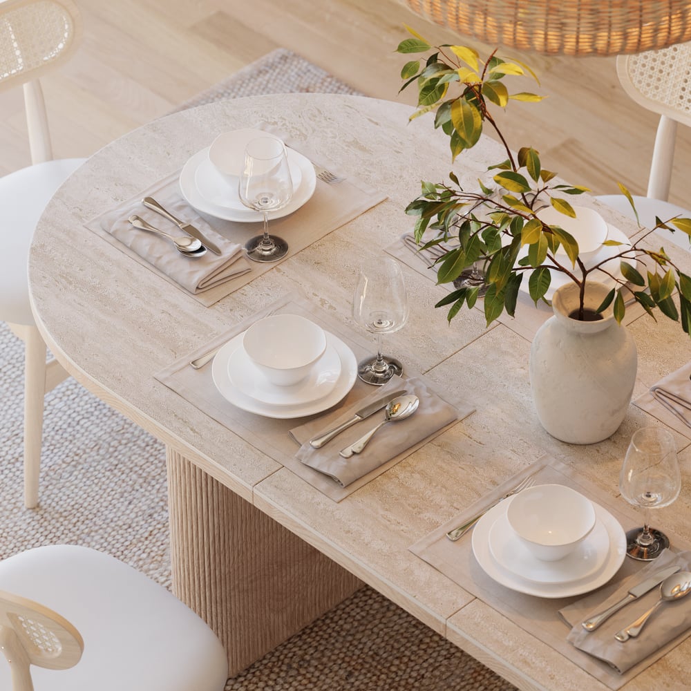 Mesa de jantar oval extensível com tampo de pedra sinterizada de 79 “a 95" Assentos de travertino fosco 6-10 Imagem da janela