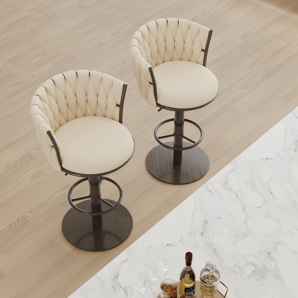 Set of 2 Modern Adjustable Swivel Bar Stools or Counter Stools with Upholstery White window image