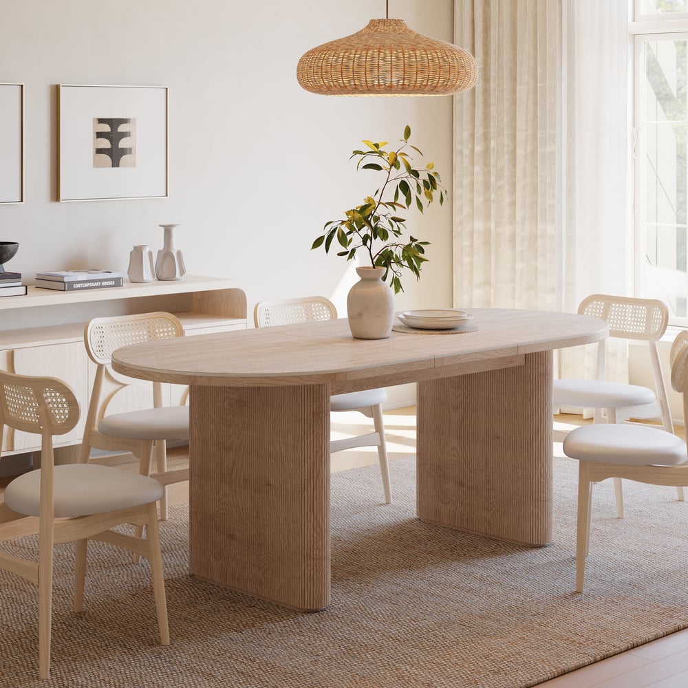 Mesa de jantar oval extensível com tampo de pedra sinterizada de 79 “a 95" Assentos de travertino fosco 6-10 Imagem da janela