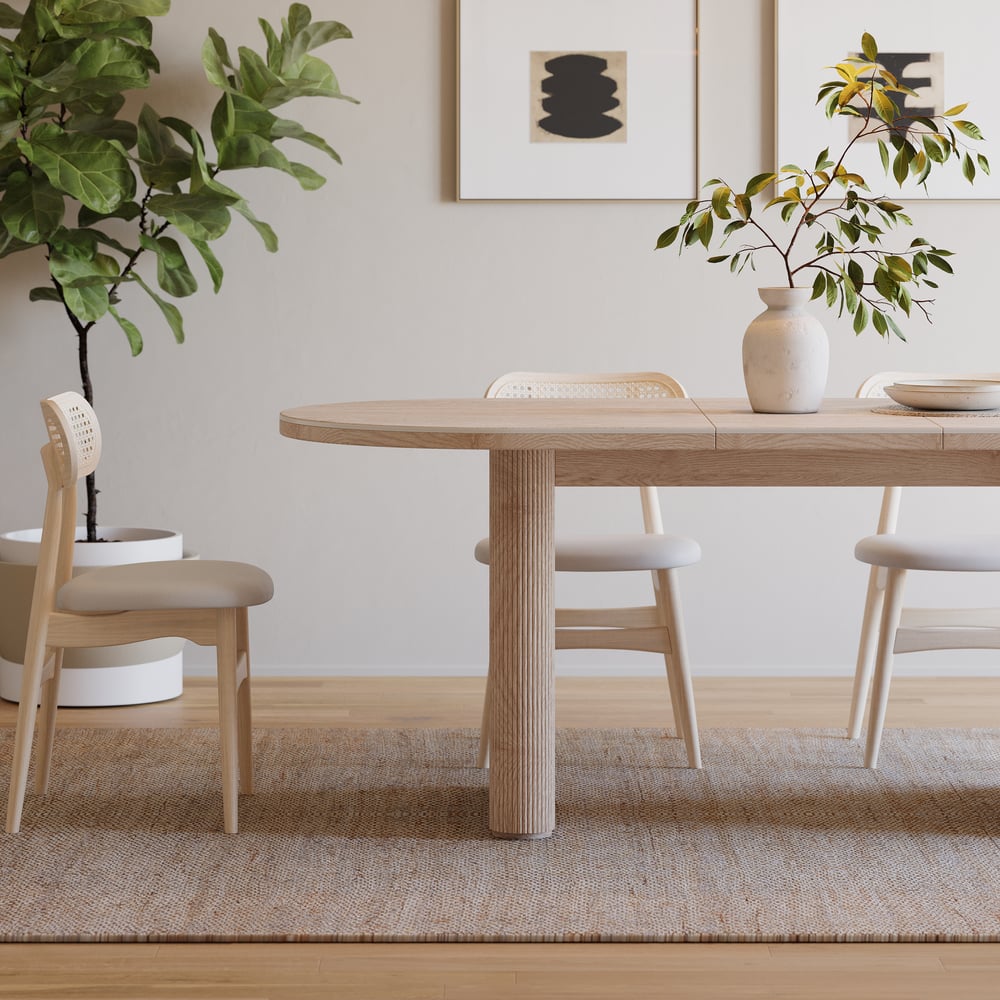 Mesa de jantar oval extensível com tampo de pedra sinterizada de 79 “a 95" Assentos de travertino fosco 6-10 Imagem da janela