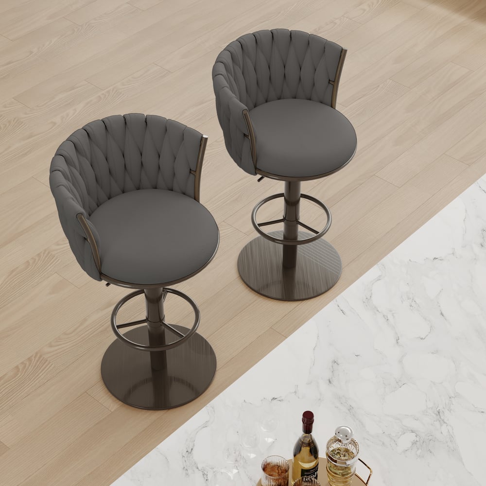 Sweave Set of 2 Grey Swivel Bar Stools Velvet Curved Back Adjustable Height window image
