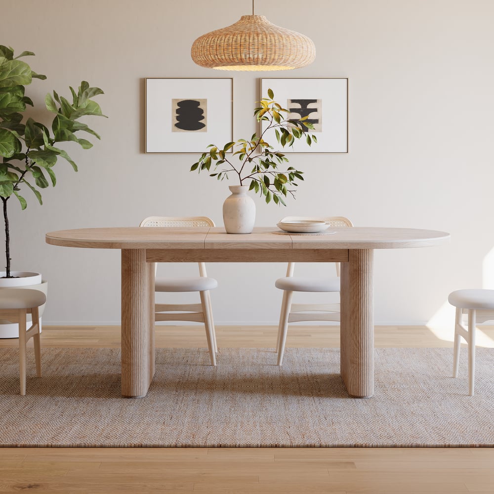 Mesa de jantar oval extensível com tampo de pedra sinterizada de 79 “a 95" Assentos de travertino fosco 6-10 Imagem da janela