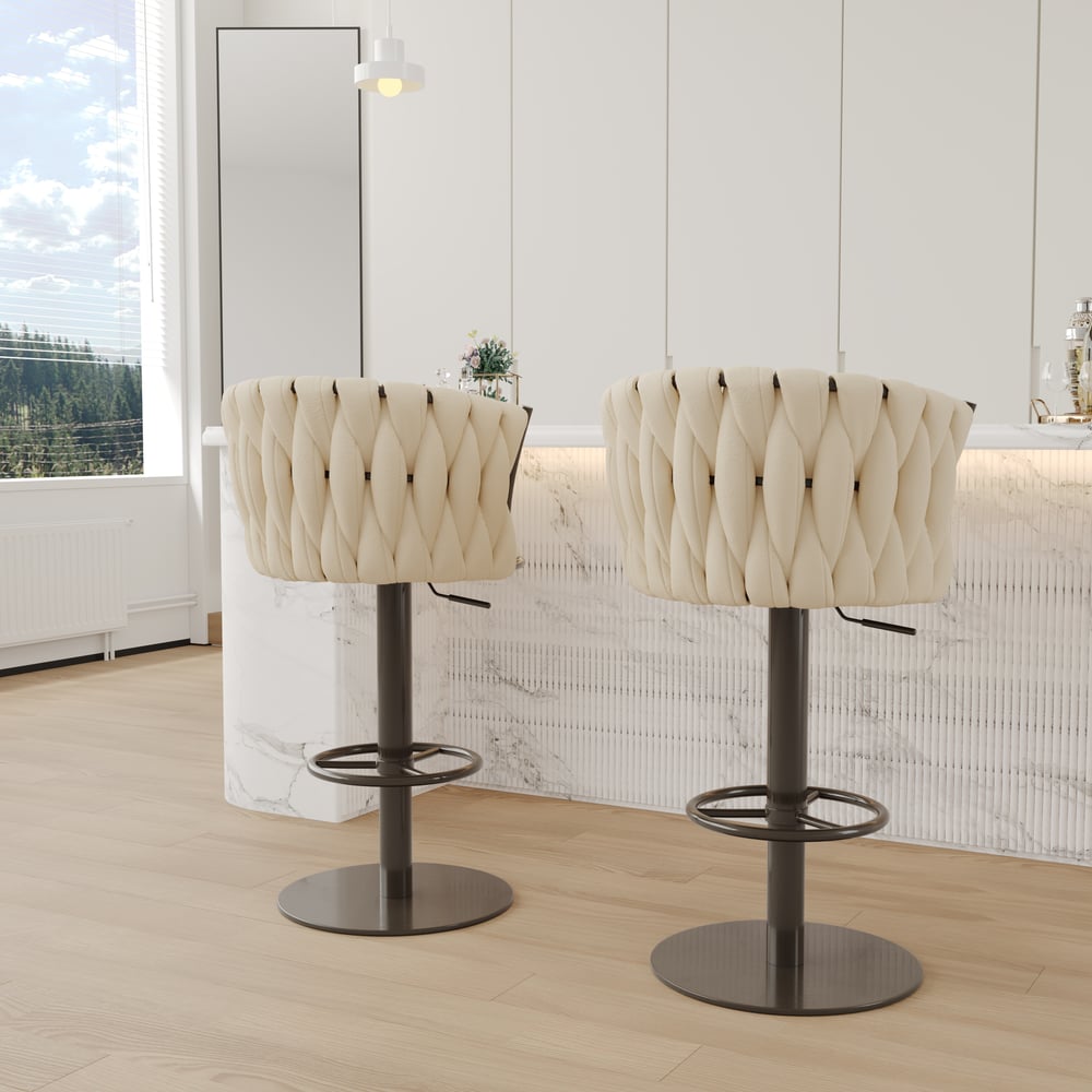 Set of 2 Modern Adjustable Swivel Bar Stools or Counter Stools with Upholstery White window image