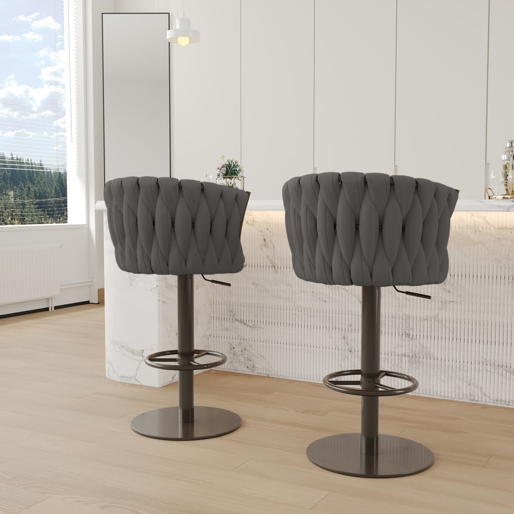 Sweave Set of 2 Grey Swivel Bar Stools Velvet Curved Back Adjustable Height window image