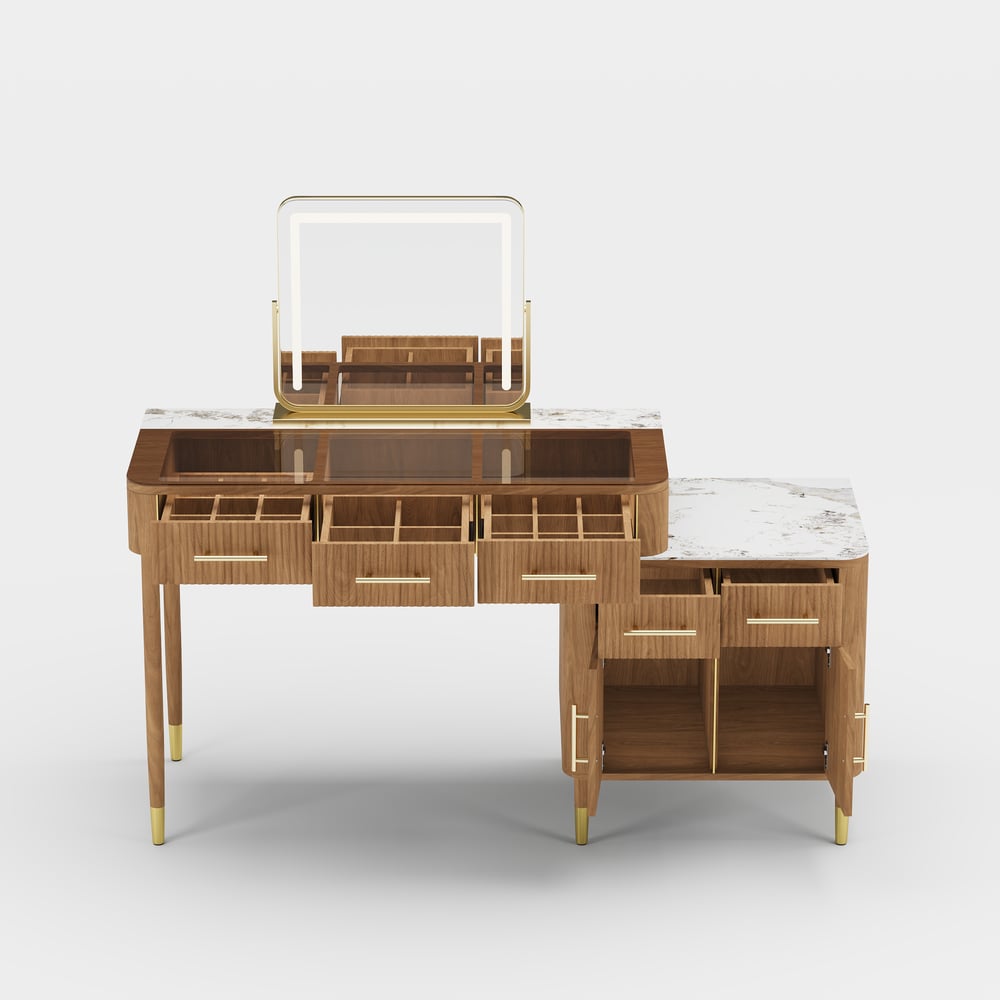 Conjunto de toucador de maquiagem com tampo de pedra sinterizada de vidro natural com espelho Imagem da janela