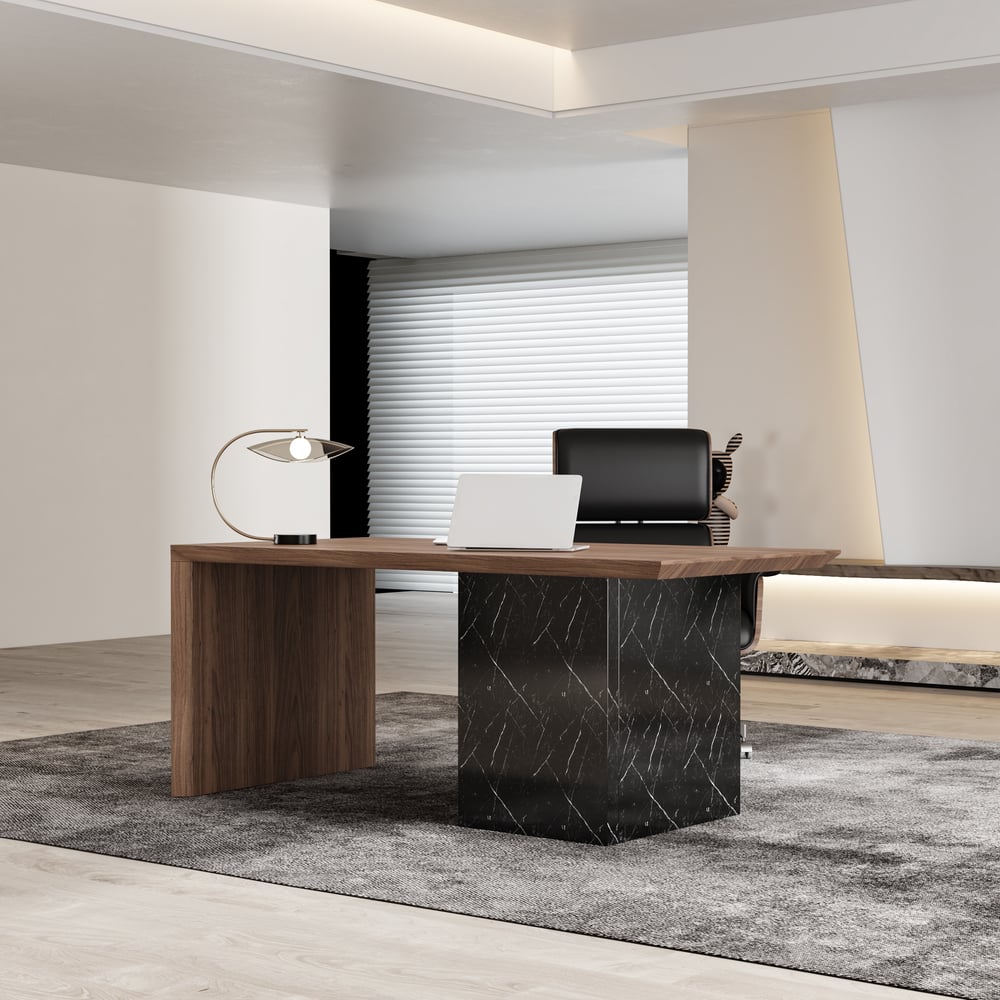 60" Modern Wooden Desk Walnut Home Office Desk & Home Office Chair Set Adjustable Height window image