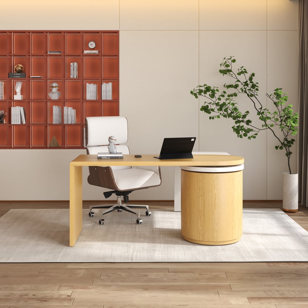 Modern Natural & White L Shaped Desk & with Off White Home Office Chair Set Upholstered window image