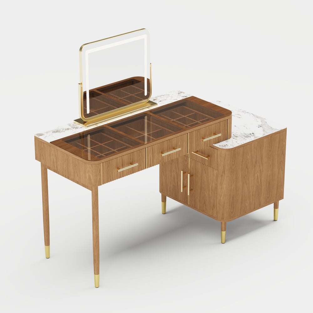 Conjunto de toucador de maquiagem com tampo de pedra sinterizada de vidro natural com espelho Imagem da janela