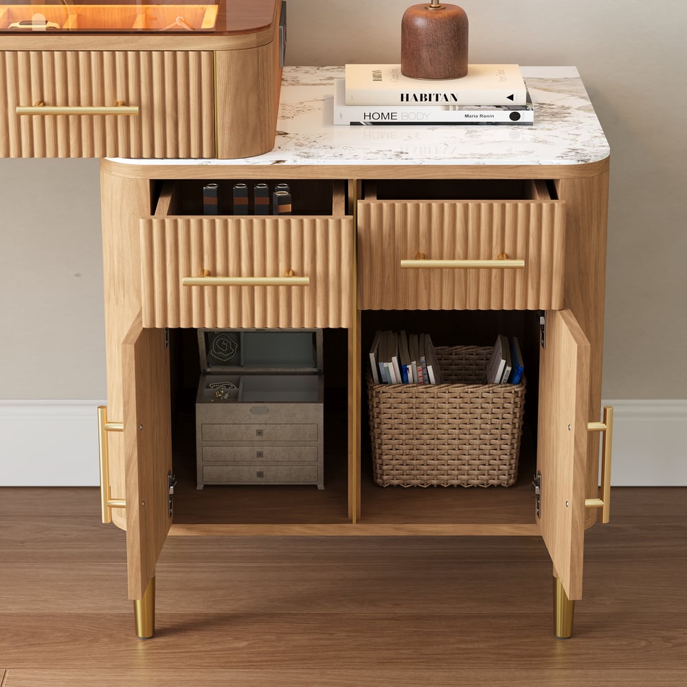 Conjunto de toucador de maquiagem com tampo de pedra sinterizada de vidro natural com espelho Imagem da janela