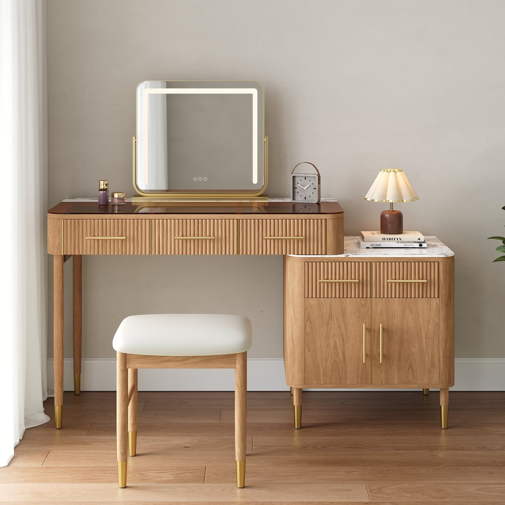 Conjunto de toucador de maquiagem com tampo de pedra sinterizada de vidro natural com espelho Imagem da janela