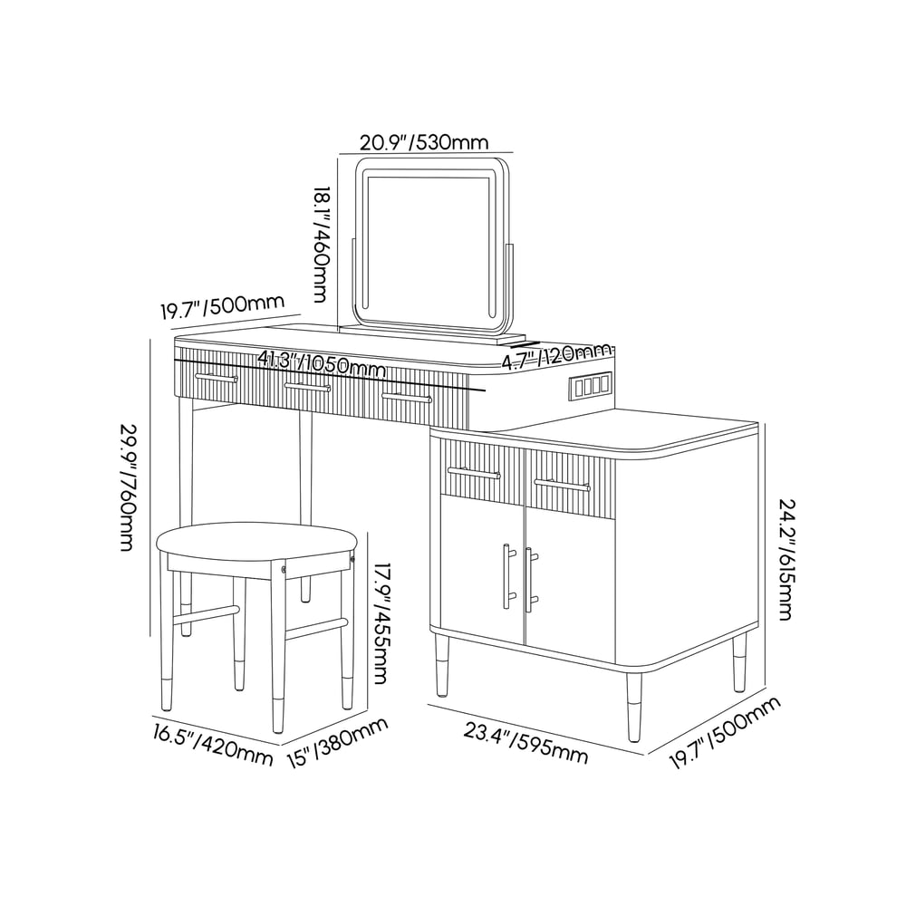 Walnut Glass Sintered Stone Top Makeup Vanity Set with Mirror weights dimensions image