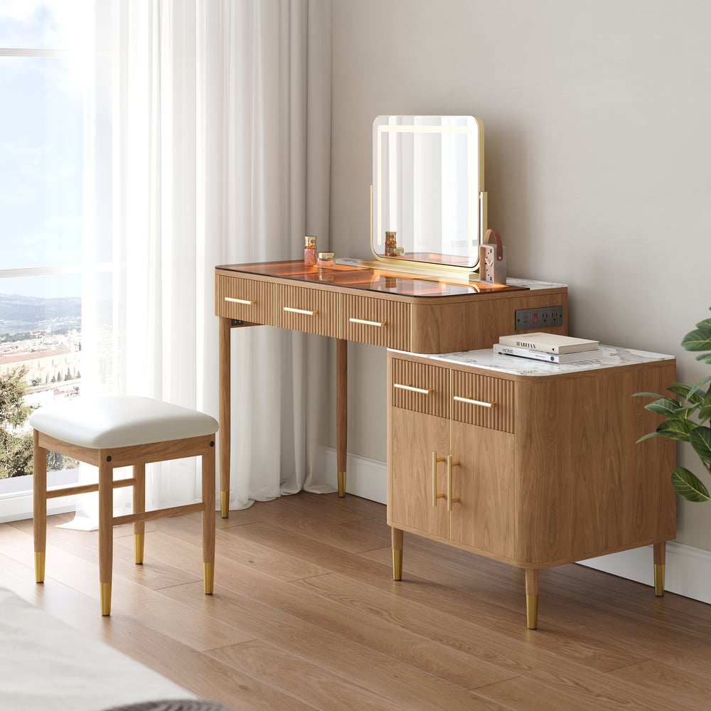 Conjunto de toucador de maquiagem com tampo de pedra sinterizada de vidro natural com espelho Imagem da janela