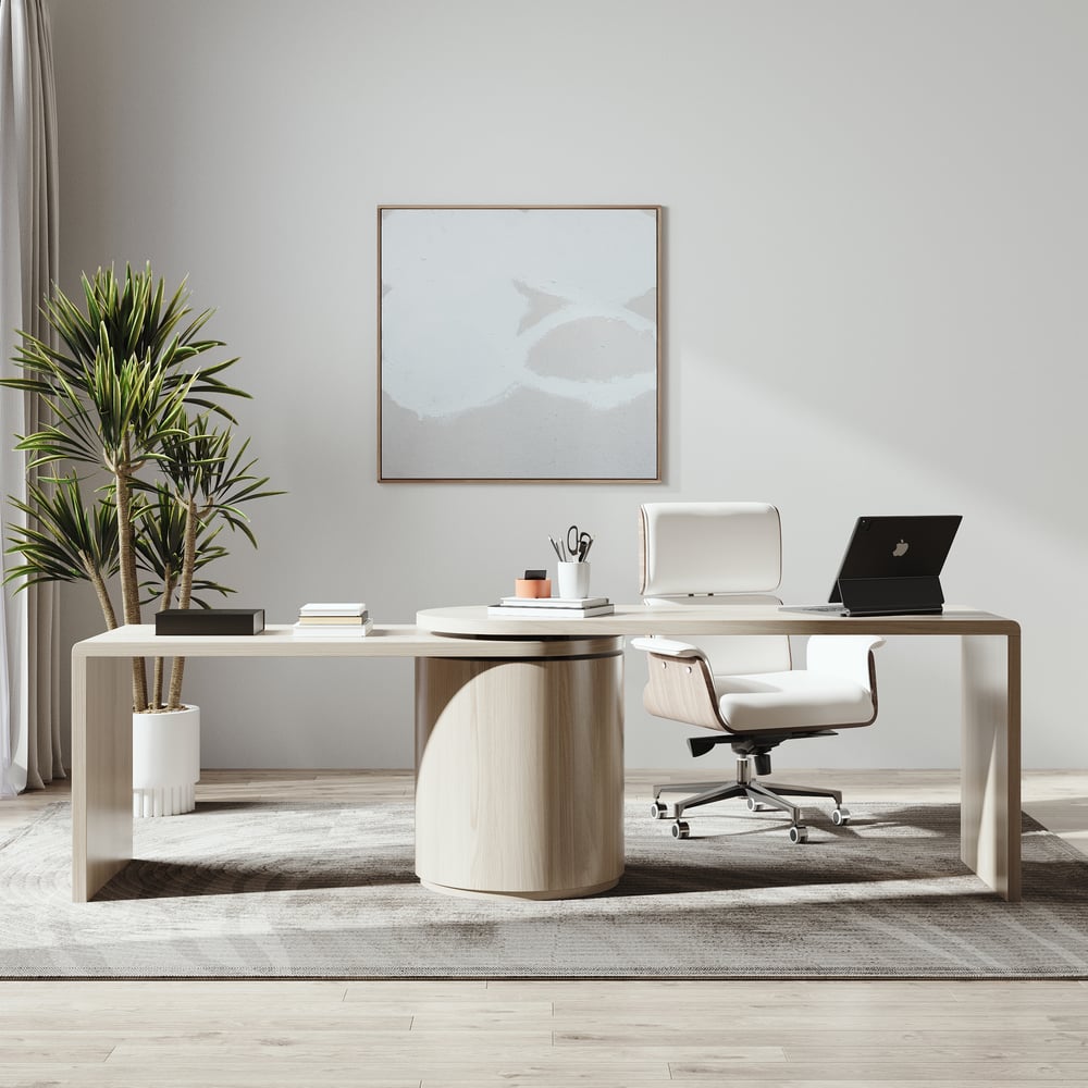 Modern Wash White L Shaped Desk & Off White Home Office Chair Set Upholstered Swivel window image