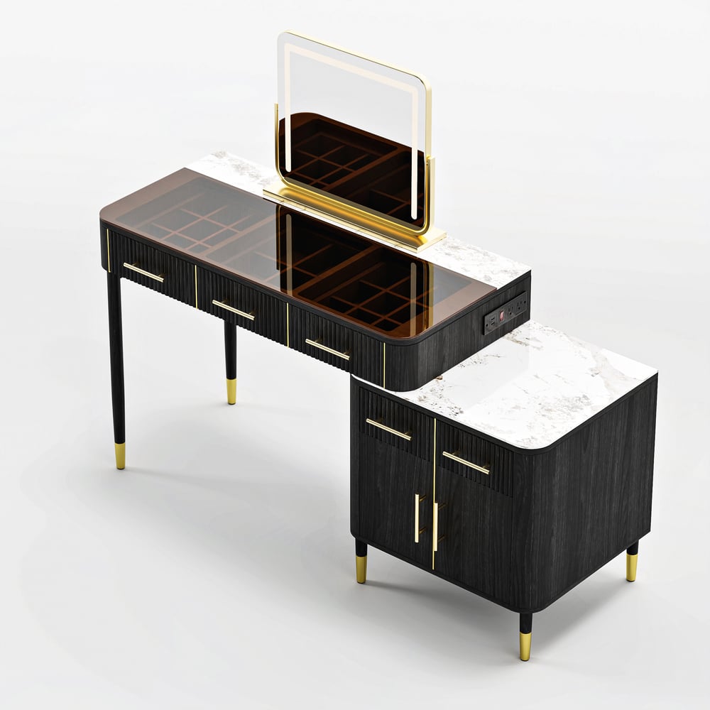 Conjunto de maquiagem com tampo de pedra sinterizada de vidro preto com espelho Imagem da janela