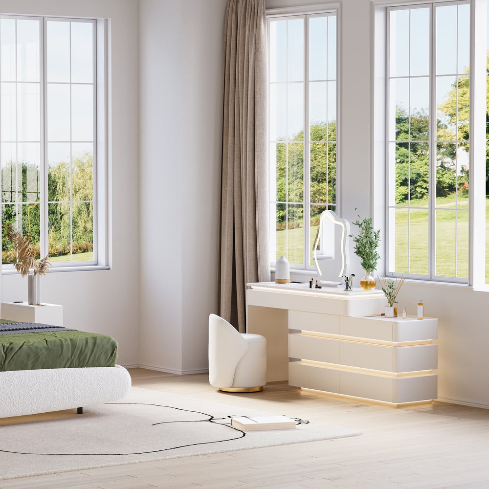 Leather Round Makeup Vanity Stool with Back Accent Chair window image