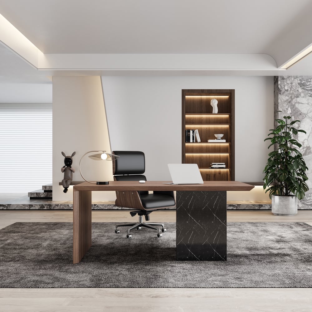 60" Modern Wooden Desk Walnut Home Office Desk & Home Office Chair Set Adjustable Height window image