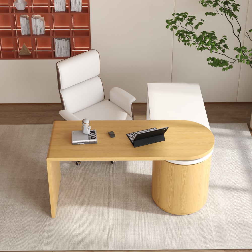 Modern Natural & White L Shaped Desk & with Off White Home Office Chair Set Upholstered window image
