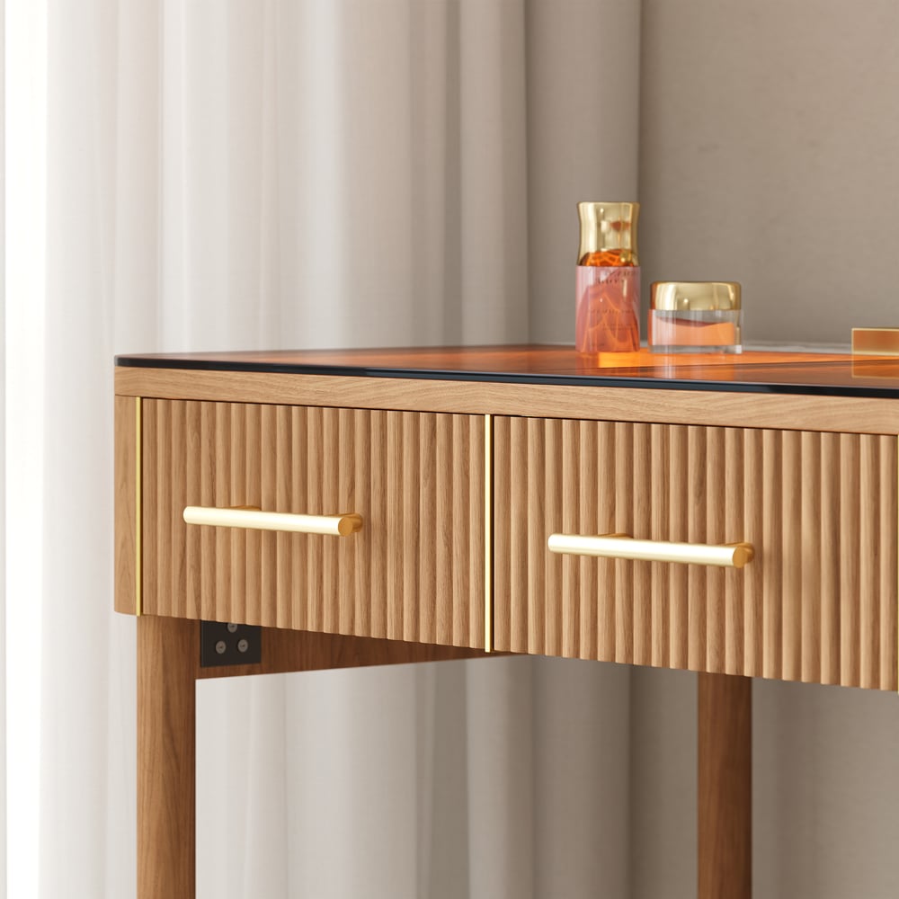 Conjunto de toucador de maquiagem com tampo de pedra sinterizada de vidro natural com espelho Imagem da janela