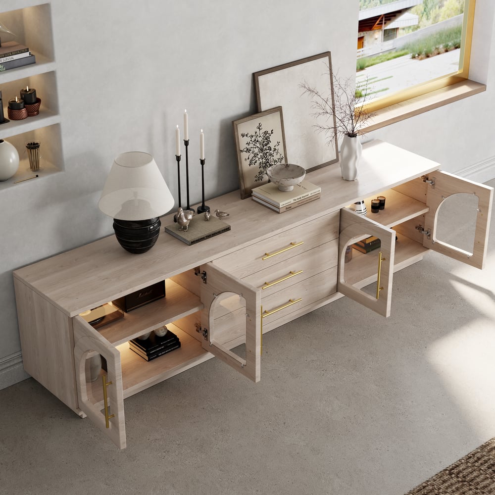 Arune 2030mm Łukowe szklane drzwi stojak telewizyjny ze schowkiem i diodą LED obraz okna