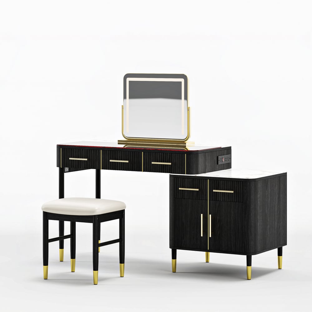 Conjunto de maquiagem com tampo de pedra sinterizada de vidro preto com espelho Imagem da janela