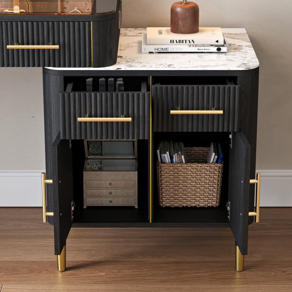 Conjunto de maquiagem com tampo de pedra sinterizada de vidro preto com espelho Imagem da janela